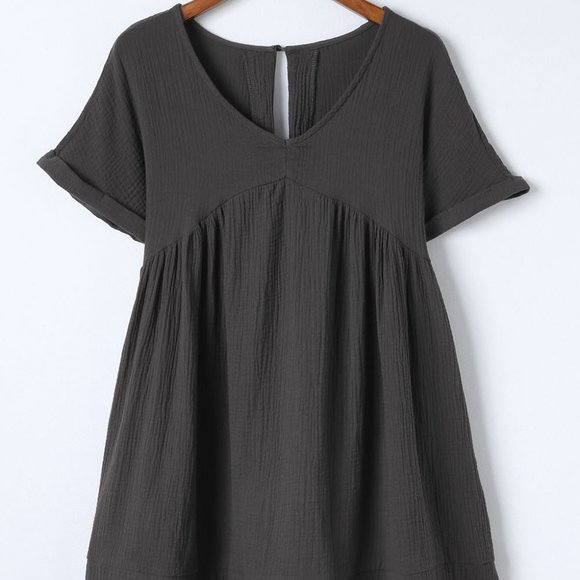 Gray Roll Up Short Sleeve V Neck Babydoll Mini Dress - Picture 2 of 2
